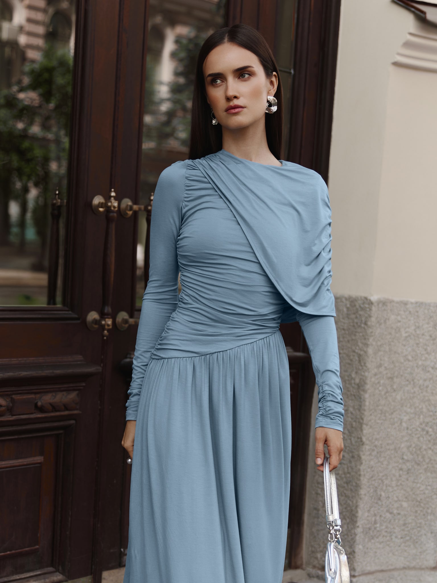 One shoulder draped jersey maxi dress
