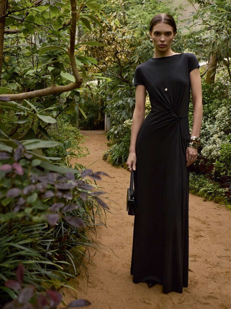 Jersey maxi dress with draped waistline