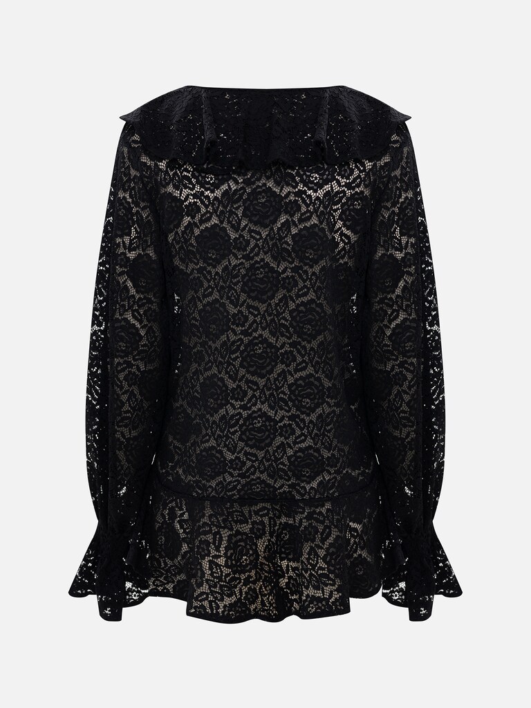 Openwork blouse with voluminous flounces on the collar