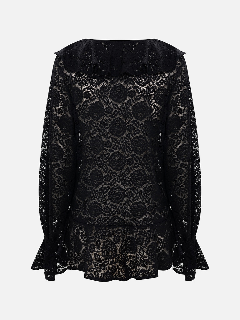 Openwork blouse with voluminous flounces on the collar