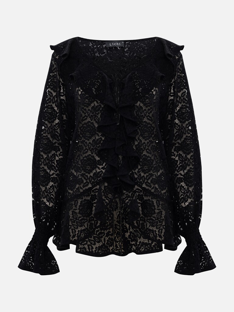 Openwork blouse with voluminous flounces on the collar