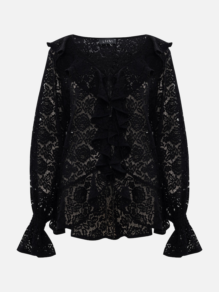 Openwork blouse with voluminous flounces on the collar