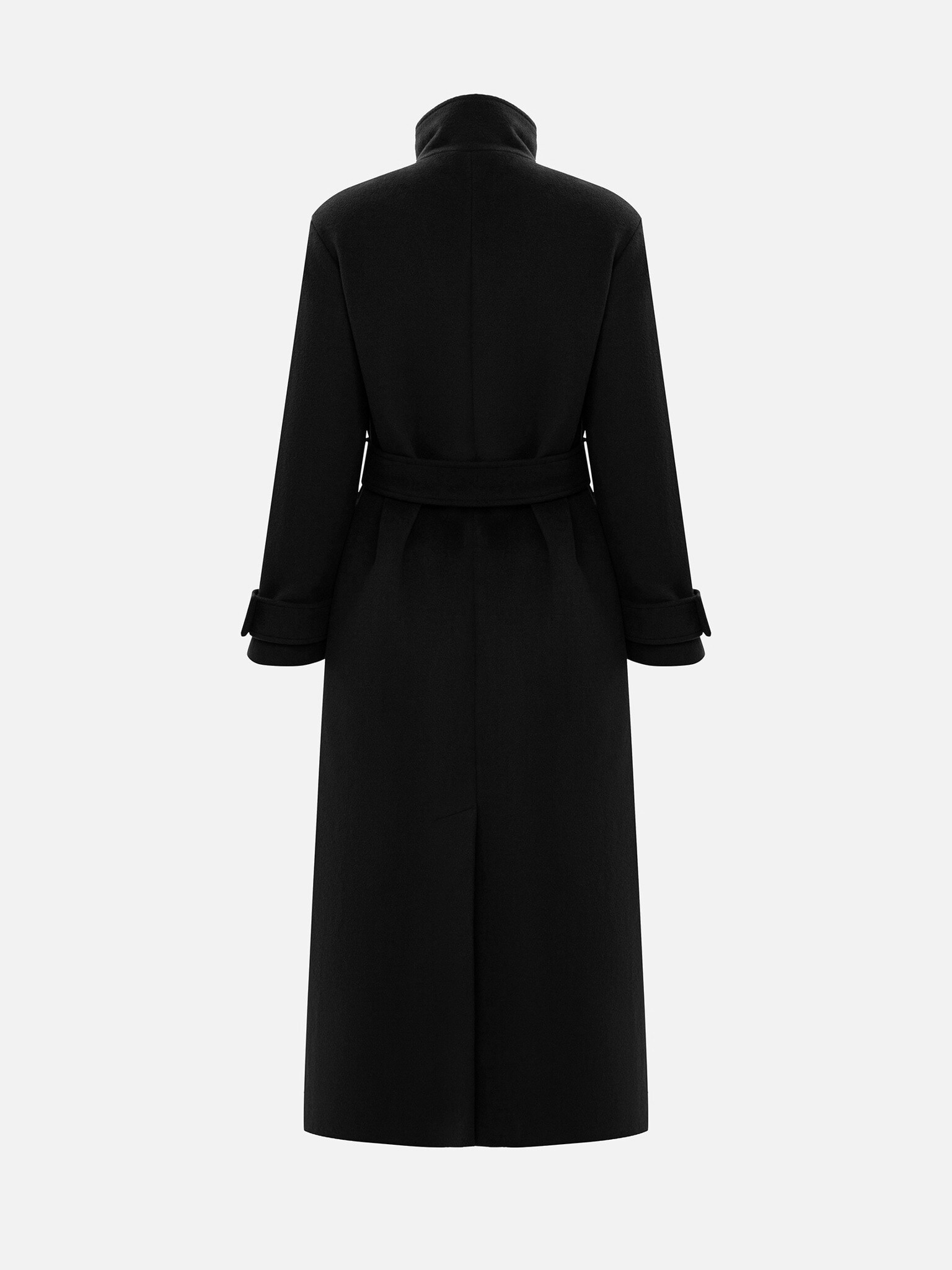 Шерстяное пальто макси двубортного кроя с поясом в тон