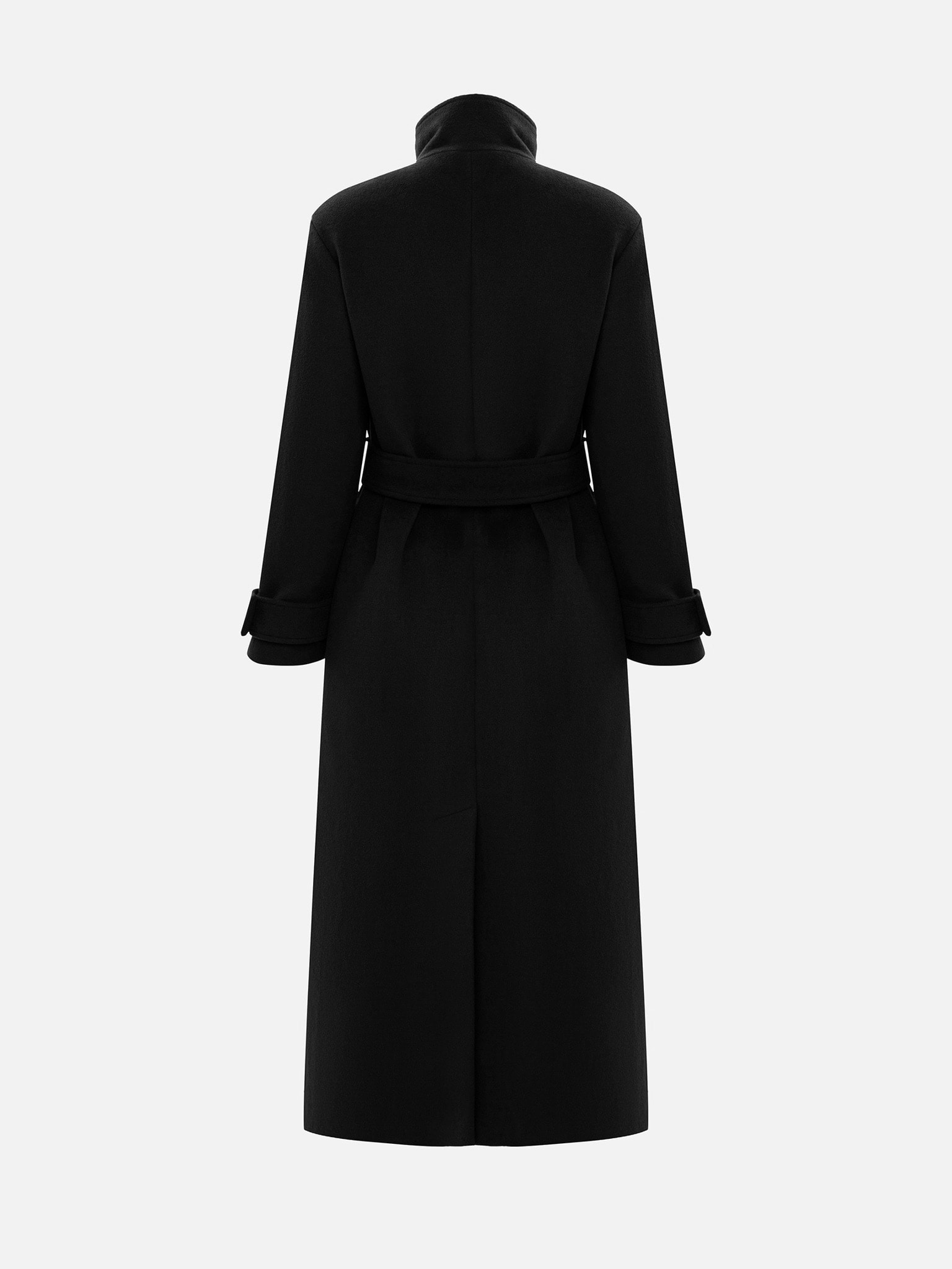 Шерстяное пальто макси двубортного кроя с поясом в тон
