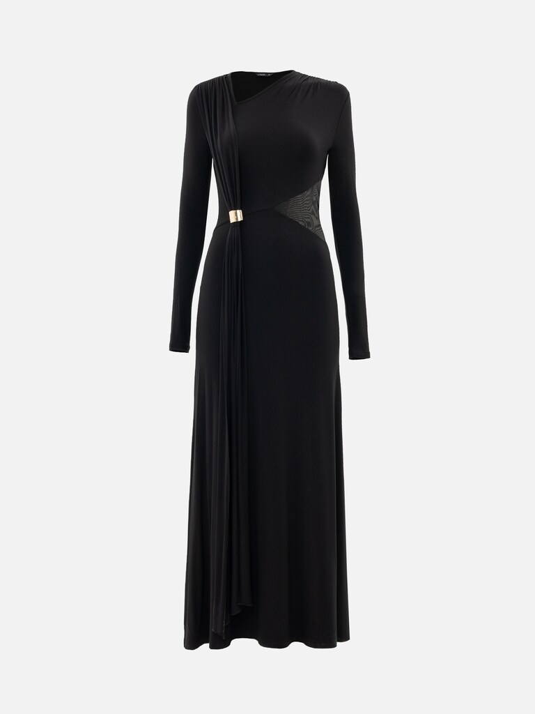 Maxi viscose dress with semi-transparent insert at the waist and drapery