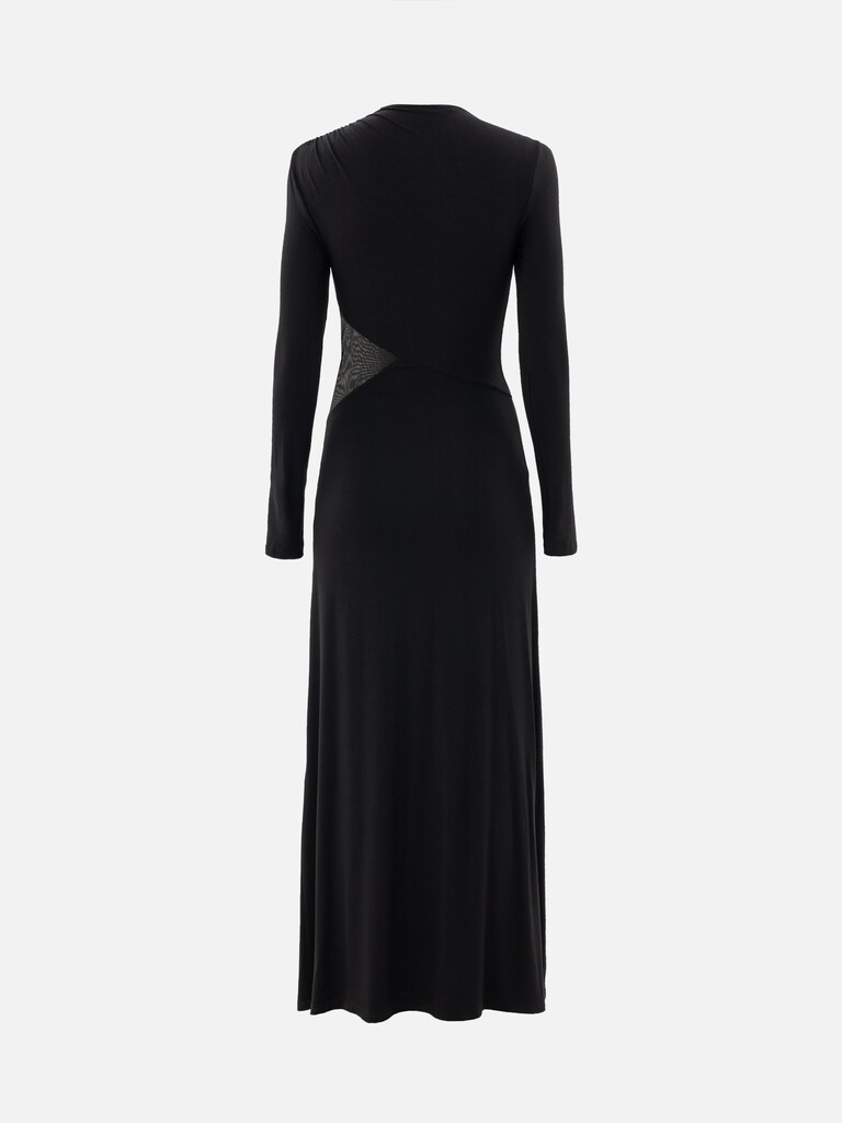 Maxi viscose dress with semi-transparent insert at the waist and drapery