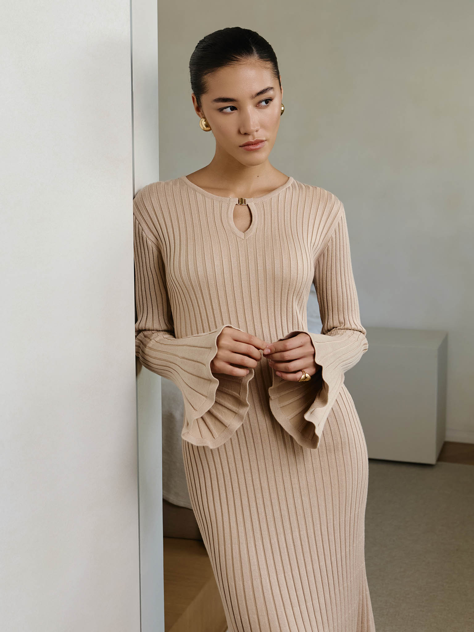 Ribbed midi dress with drop neckline