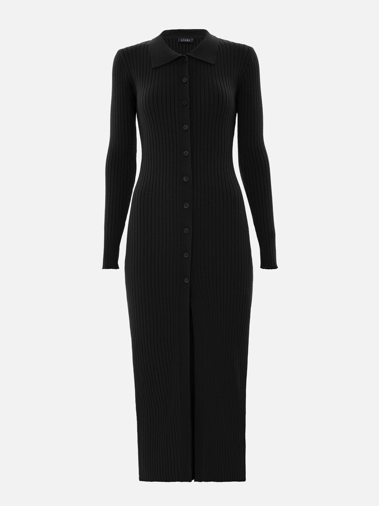 Ribbed knitted maxi dress with triangular collar
