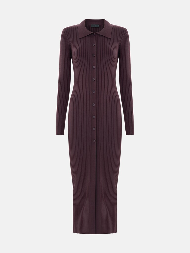 Ribbed knitted maxi dress with triangular collar