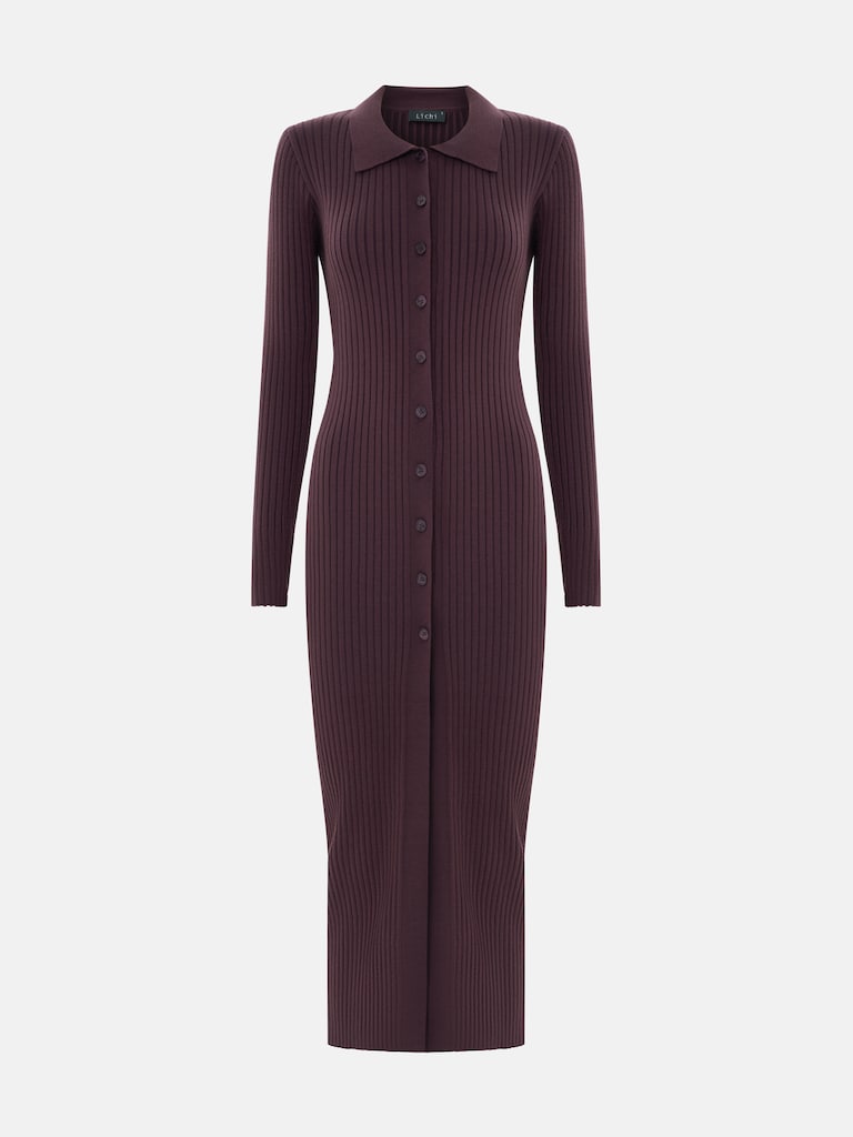 فستان ماكسي محبوك مضلع مع ياقة مثلثة