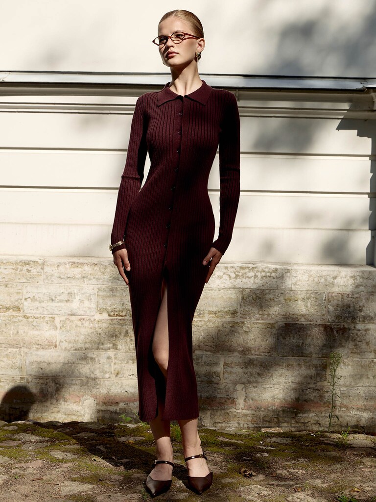 Rib-knit midi dress with triangular collar