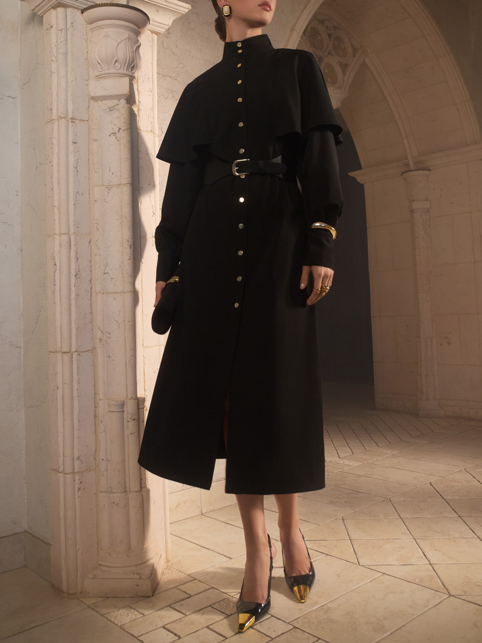 Midi dress with metallic fittings and wide eco leather belt :: LICHI Online fashion store