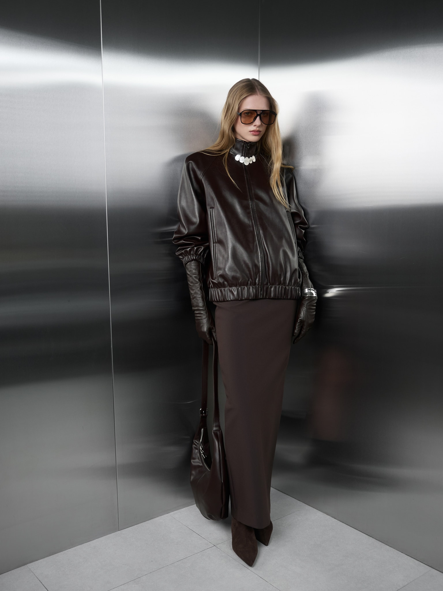 Oversized eco-leather jacket with high collar :: LICHI