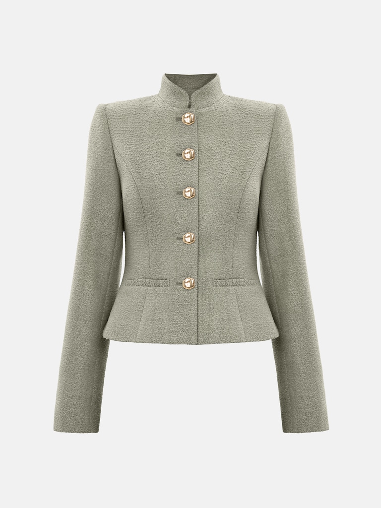 Straight jacket with stand-up collar and large buttons