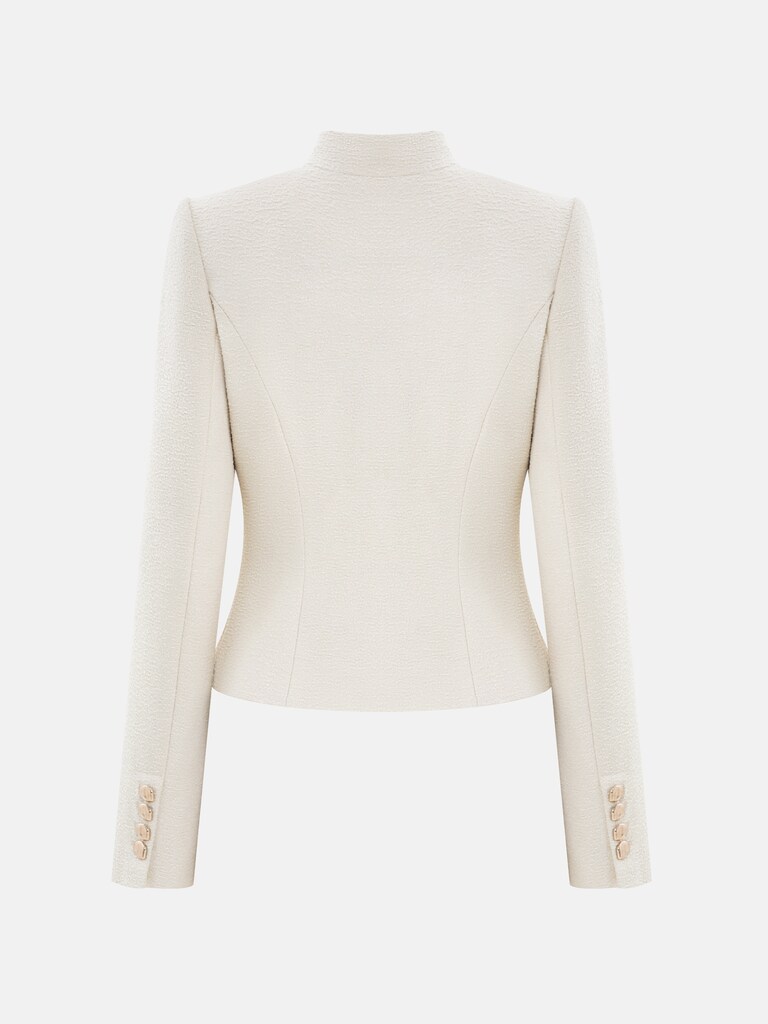 Straight jacket with stand-up collar and large buttons