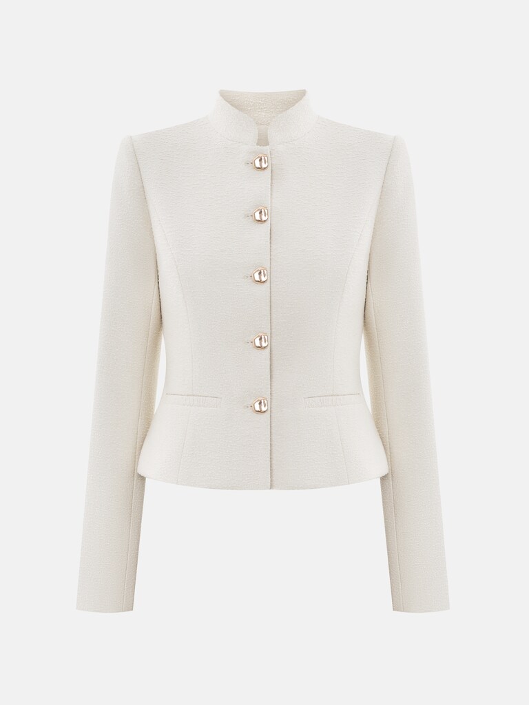 Straight jacket with stand-up collar and large buttons