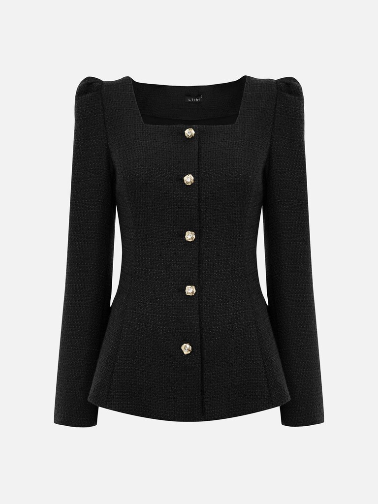 Tweed jacket with square neckline and golden buttons