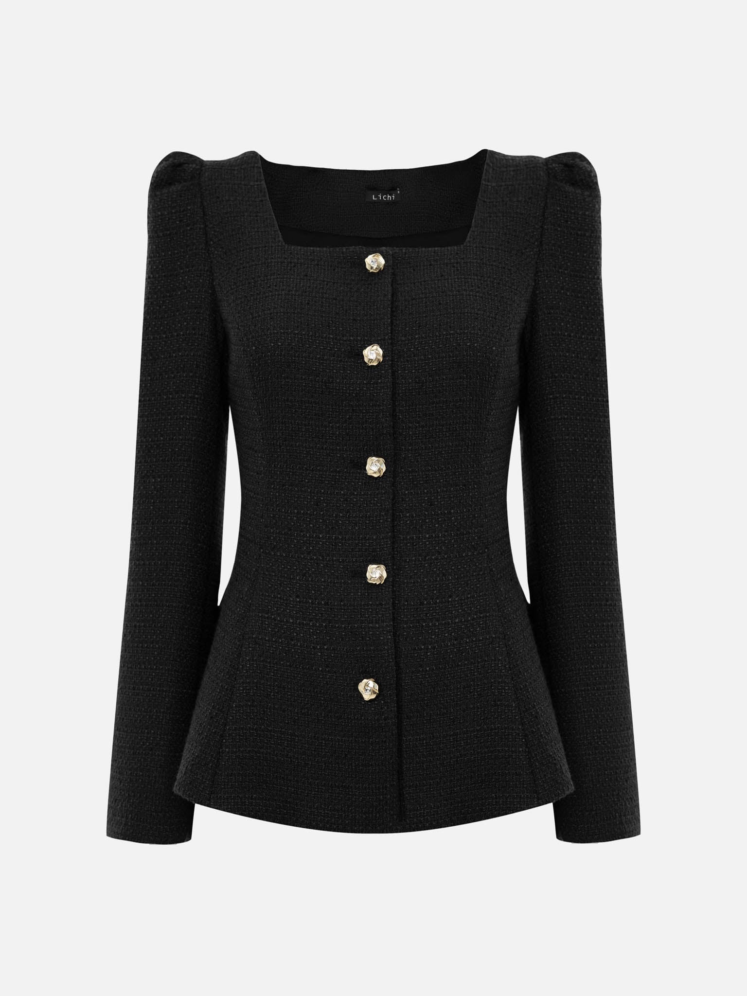 Твидовый жакет с квадратным вырезом и золотистыми пуговицами