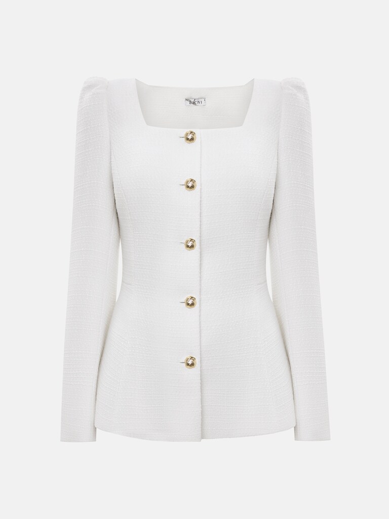 سترة تويد بياقة مربعة وأزرار ذهبية