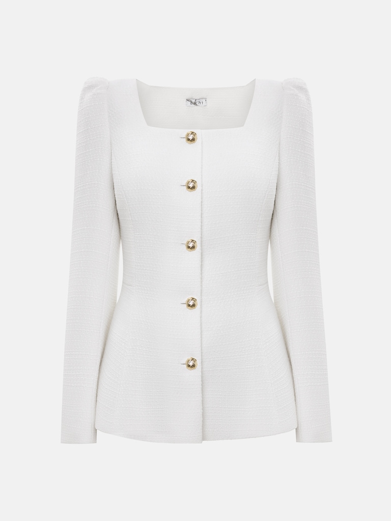 سترة تويد بياقة مربعة وأزرار ذهبية