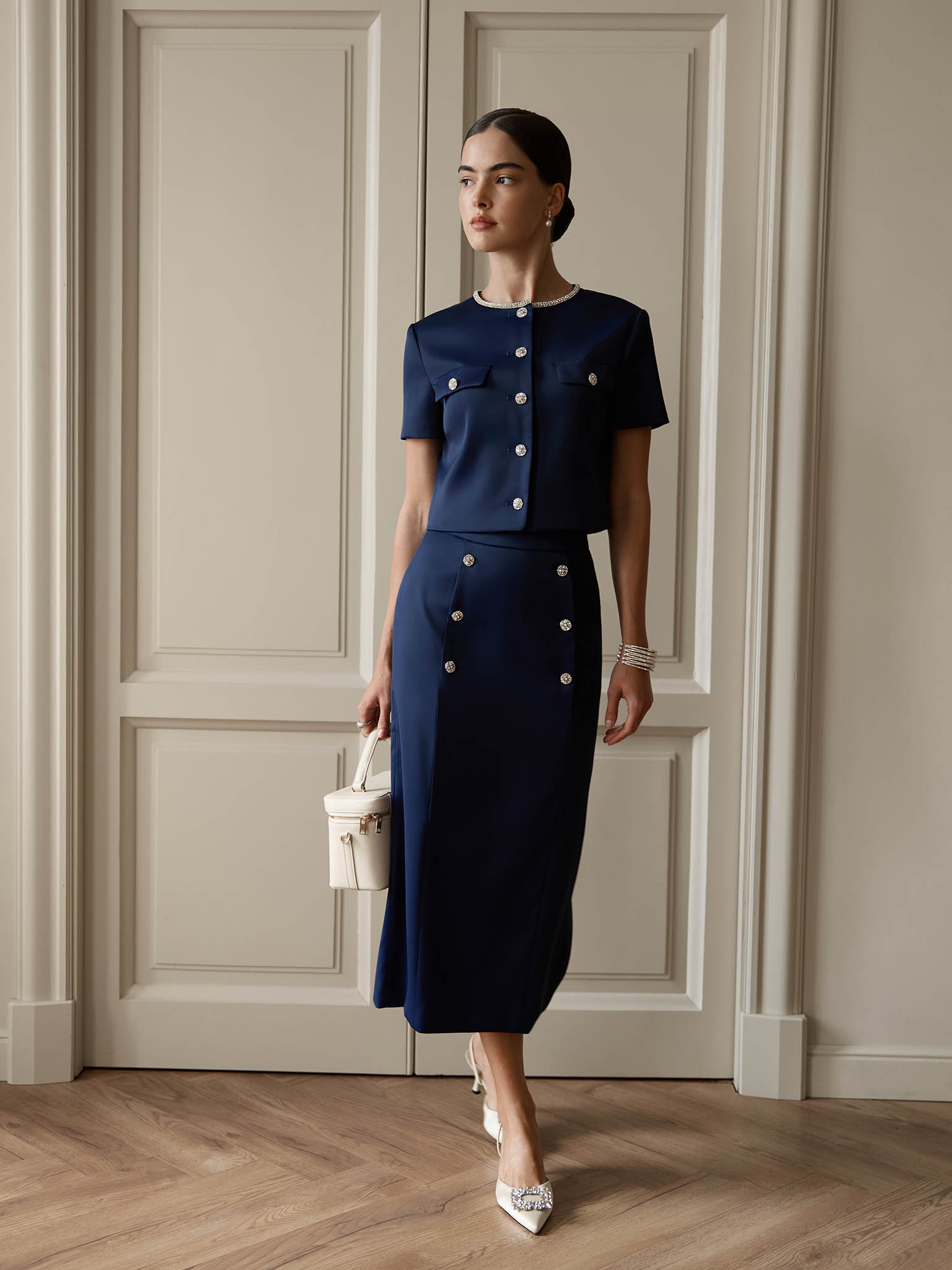 Straight midi skirt with rhinestone buttons