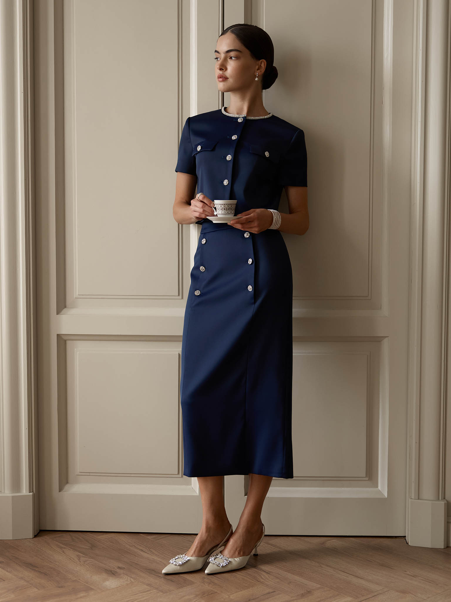 Straight midi skirt with rhinestone buttons