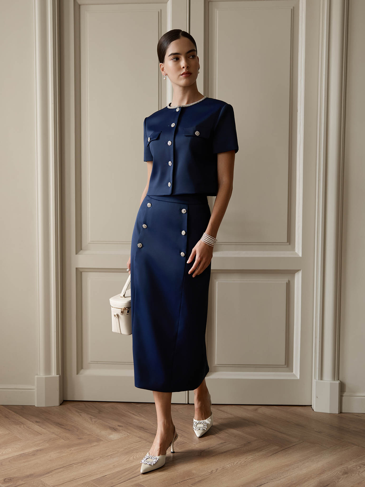 Straight midi skirt with rhinestone buttons