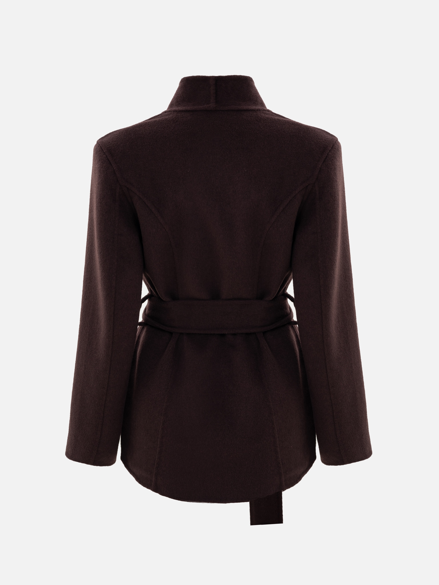 Укороченное шерстяное пальто с высоким воротником и пуговицами в тон