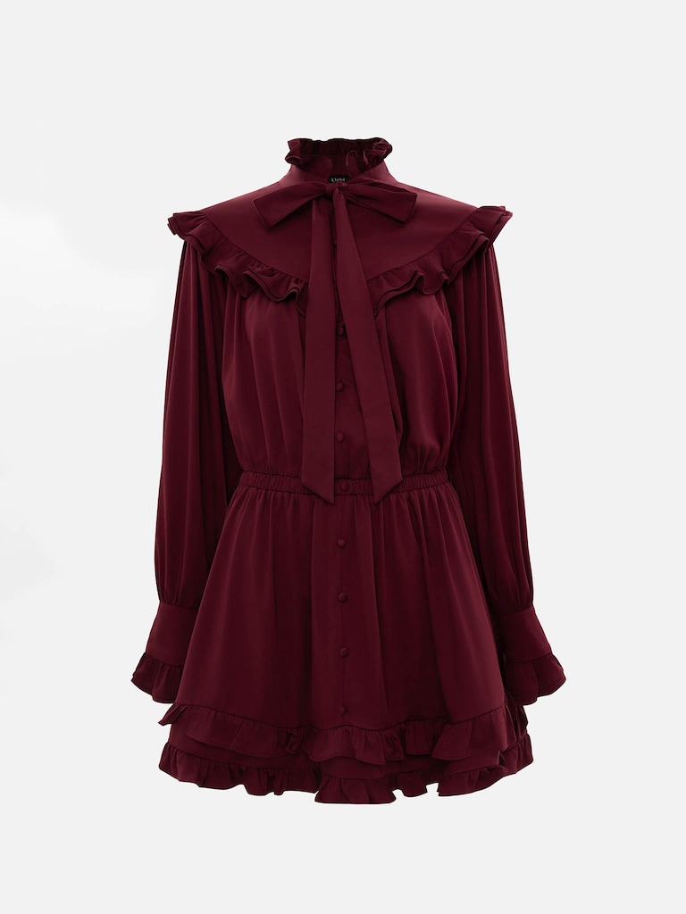 Платье мини с бантом на воротнике и оборками