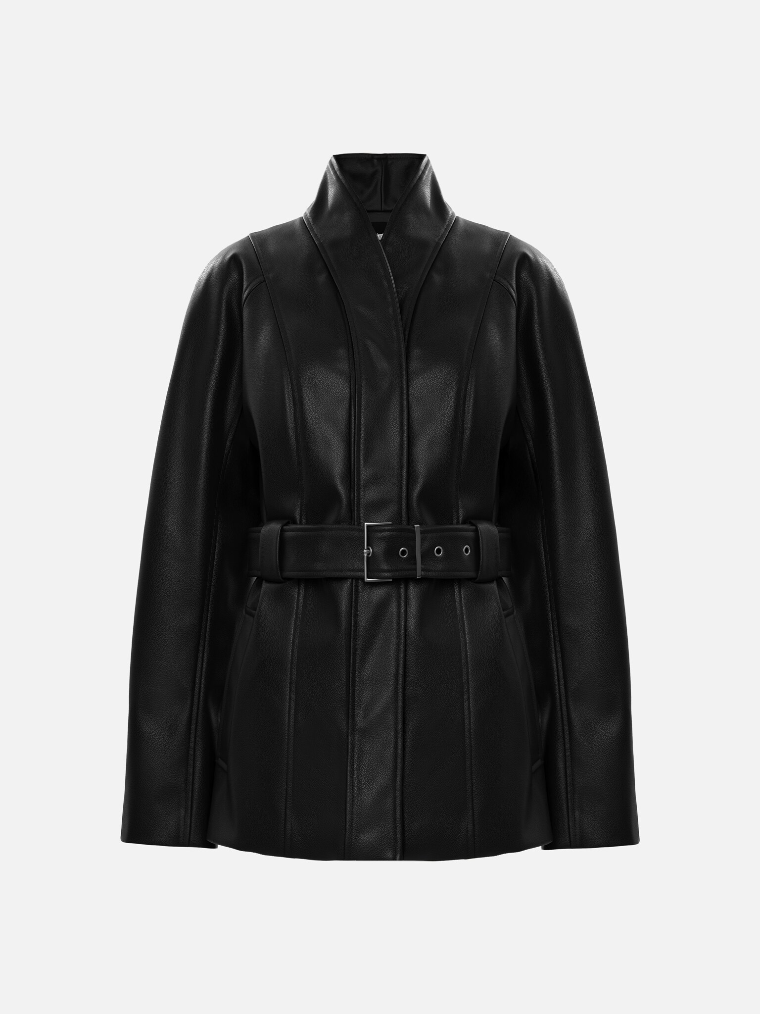 Straight eco-leather jacket with wide belt :: LICHI - Online