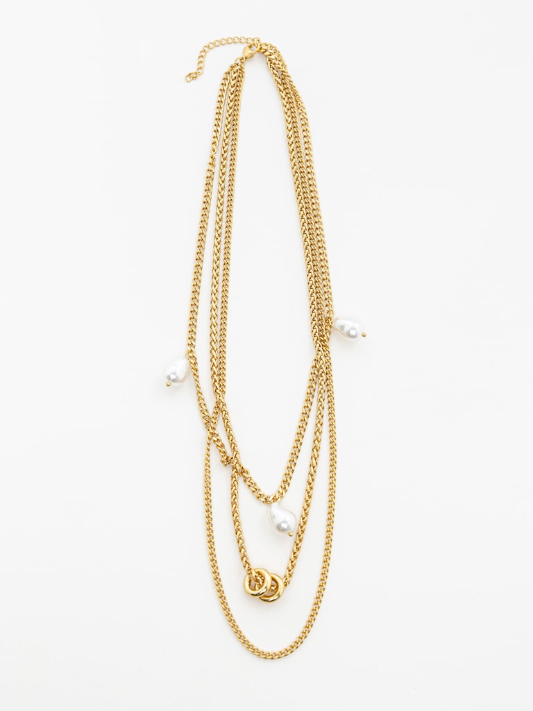 Mehrreihige goldfarbene Halskette mit großen Perlen