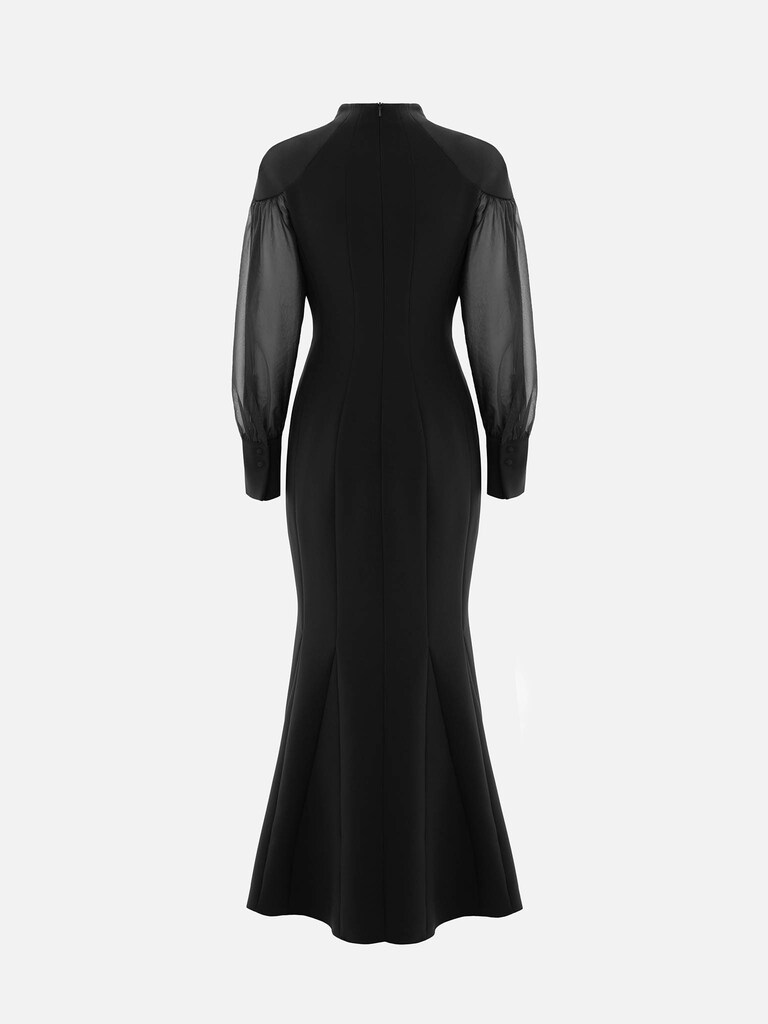 Maxi dress with semi-transparent puff sleeves