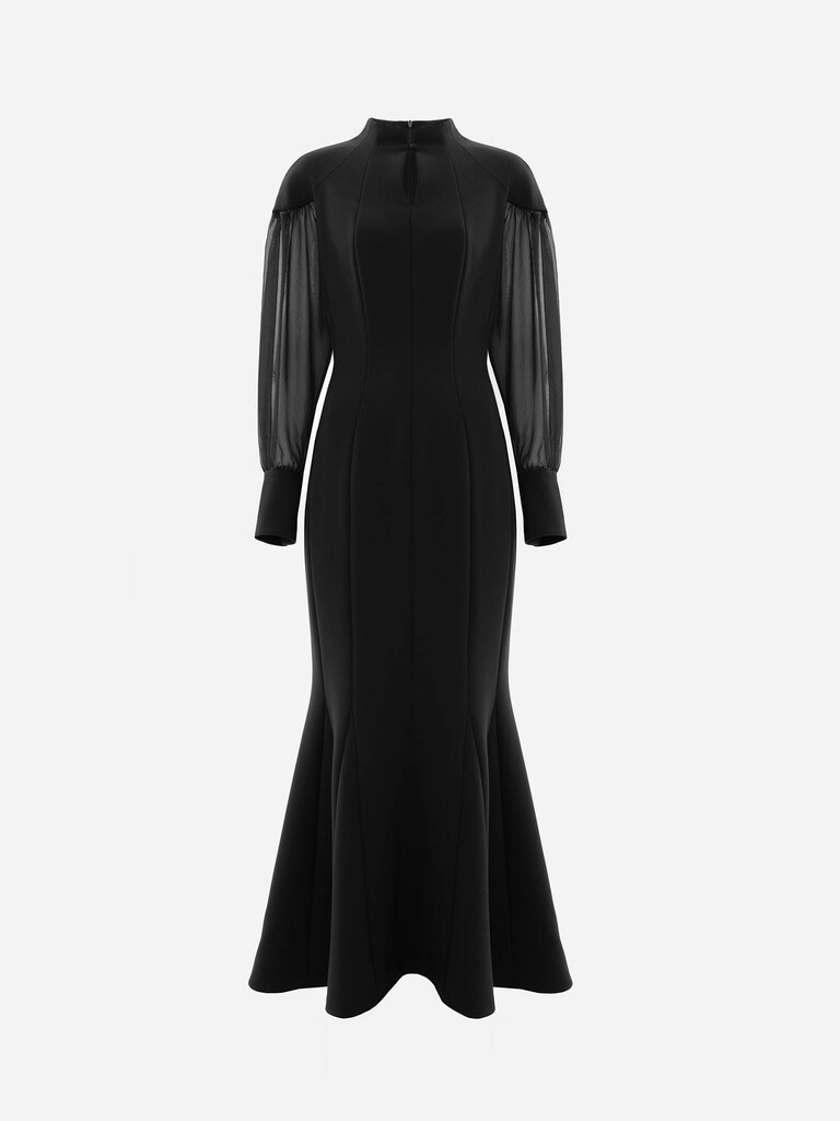 Maxi dress with semi-transparent puff sleeves
