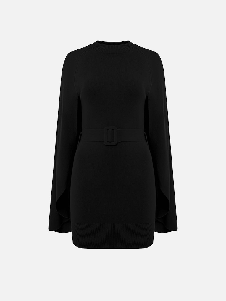 Трикотажное платье мини из вискозы с кейпом и поясом в тон