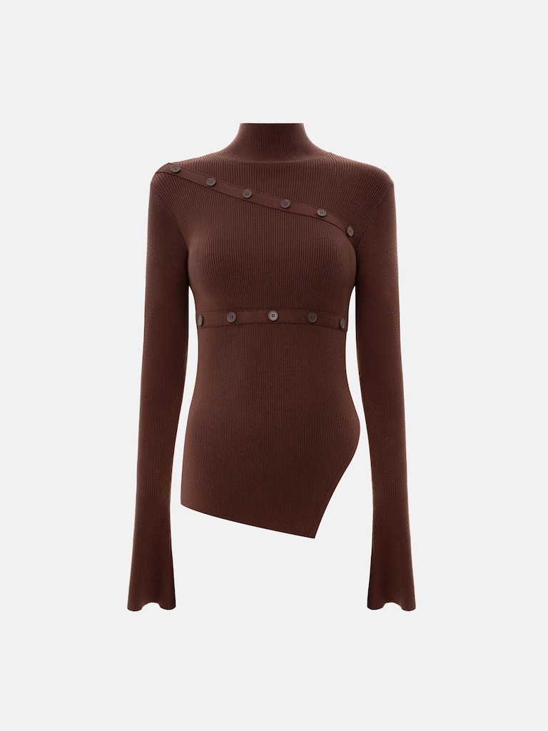 Лонгслив из вискозы в рубчик с асимметричным декором и пуговицами