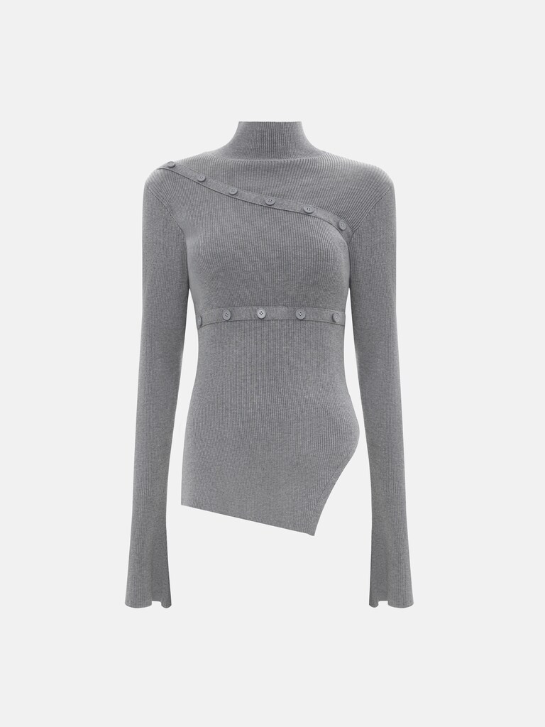 Лонгслив из вискозы в рубчик с асимметричным декором и пуговицами