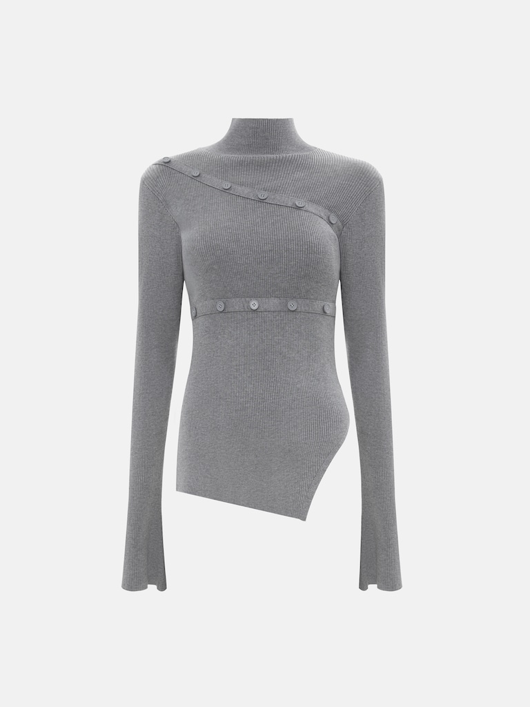 Лонгслив из вискозы в рубчик с асимметричным декором и пуговицами