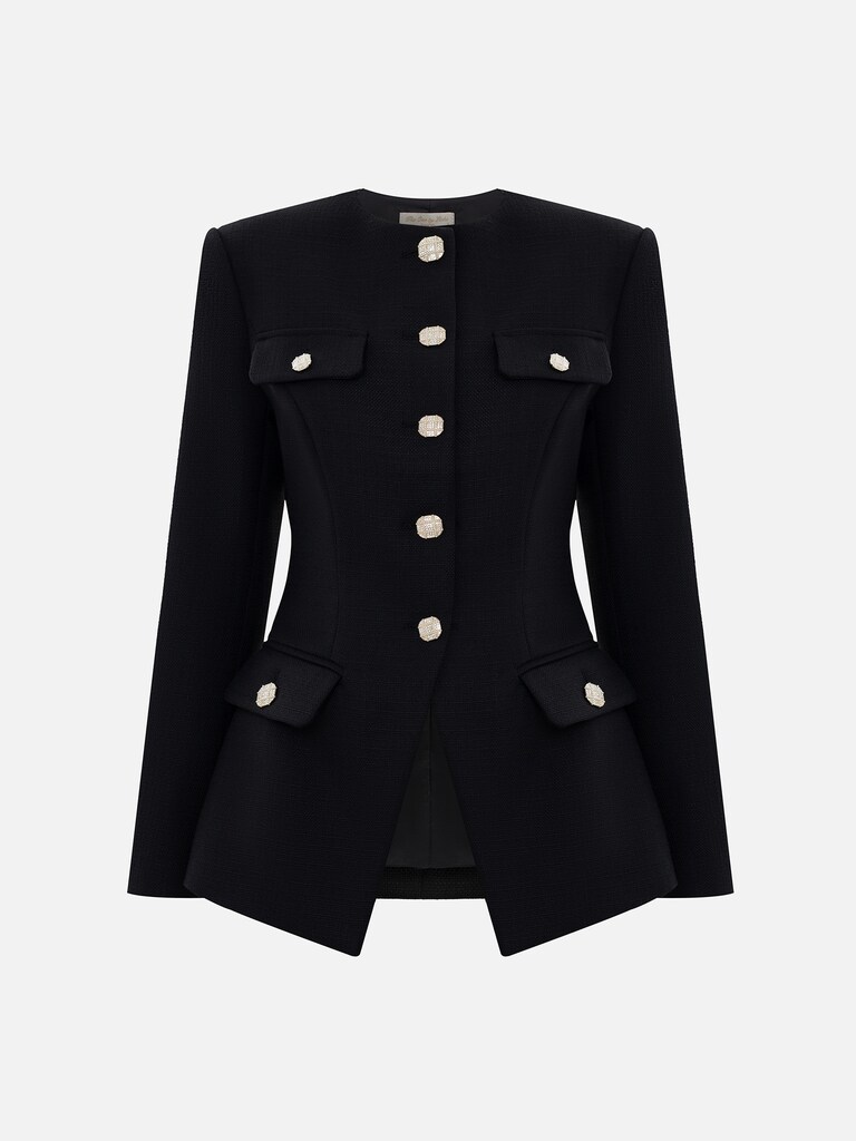 Fitted tweed jacket with rhinestone buttons