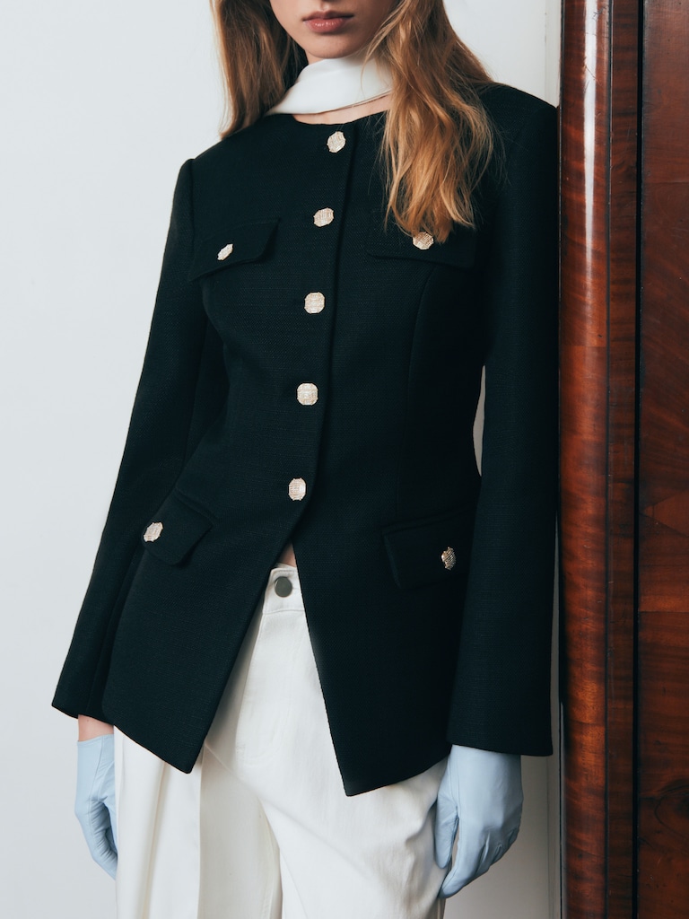 Fitted tweed jacket with rhinestone buttons