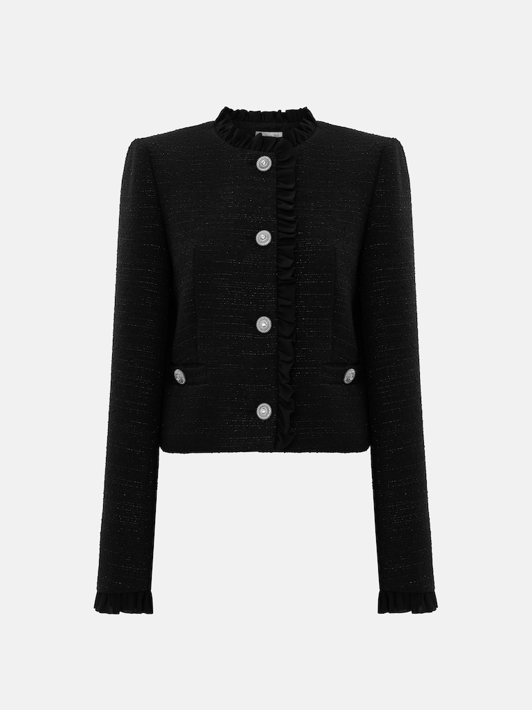 Single-breasted tweed jacket with ruffles
