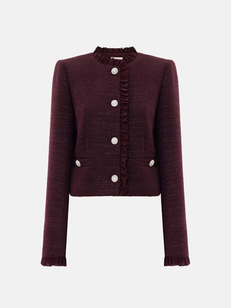 Single-breasted tweed jacket with ruffles