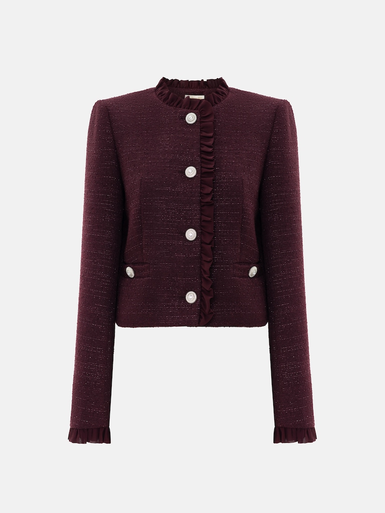 Single-breasted tweed jacket with ruffles