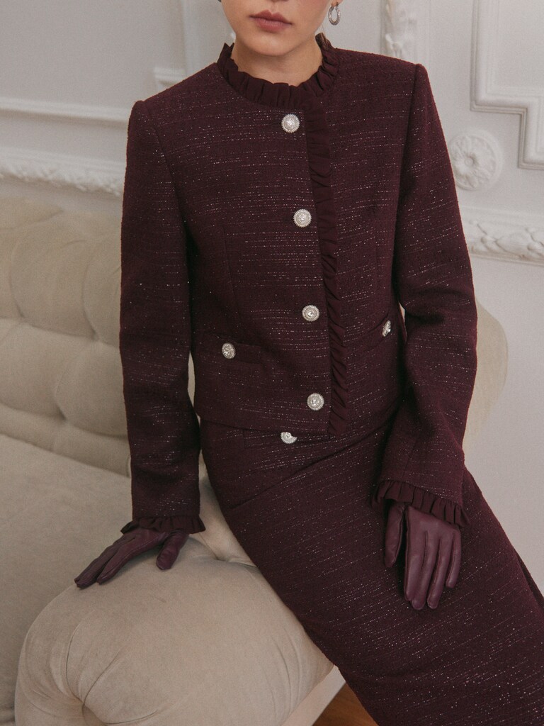 Single-breasted tweed jacket with ruffles