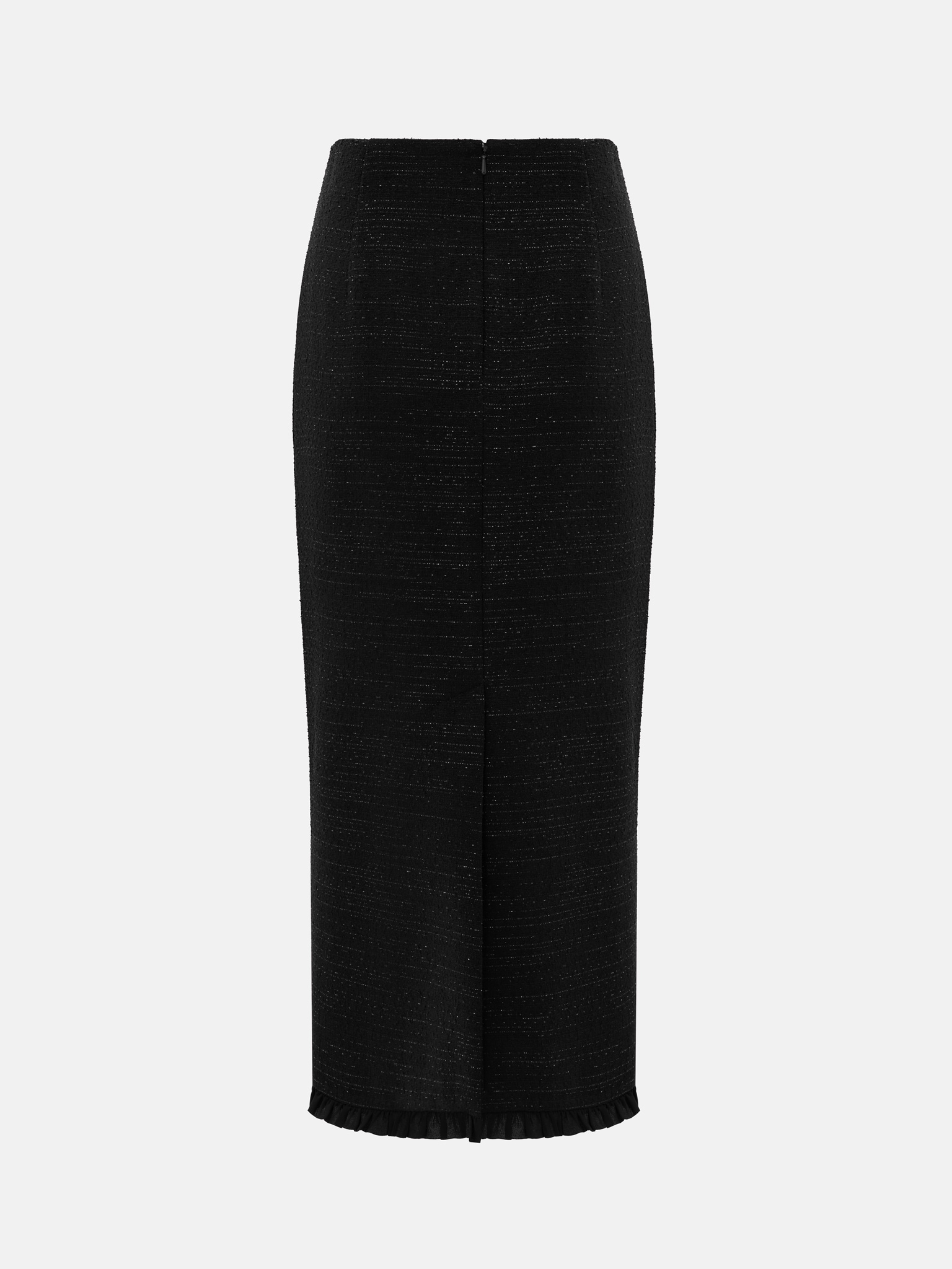 Straight-cut tweed midi skirt with ruffles