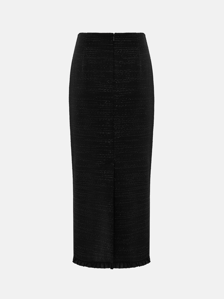 Straight-cut tweed midi skirt with ruffles