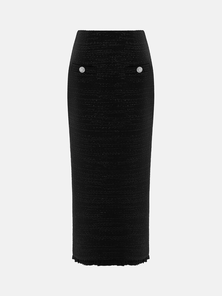 Straight-cut tweed midi skirt with ruffles