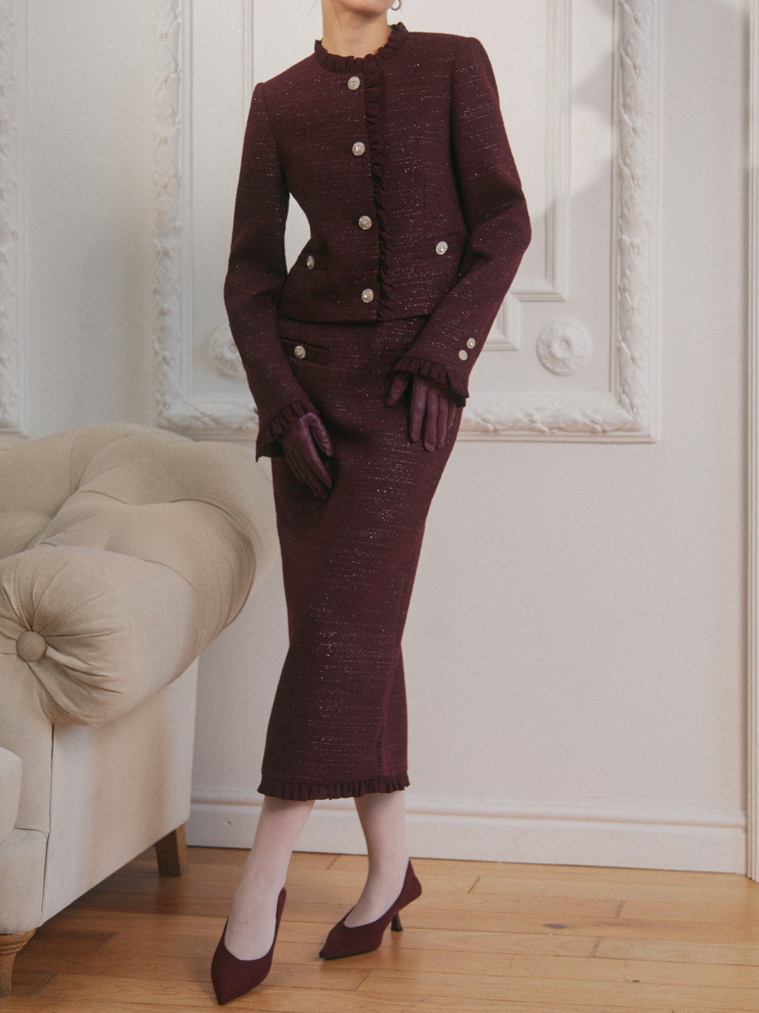 Straight-cut tweed midi skirt with ruffles :: LICHI - Online Straight-cut tweed midi skirt with ruffles :: LICHI - Online