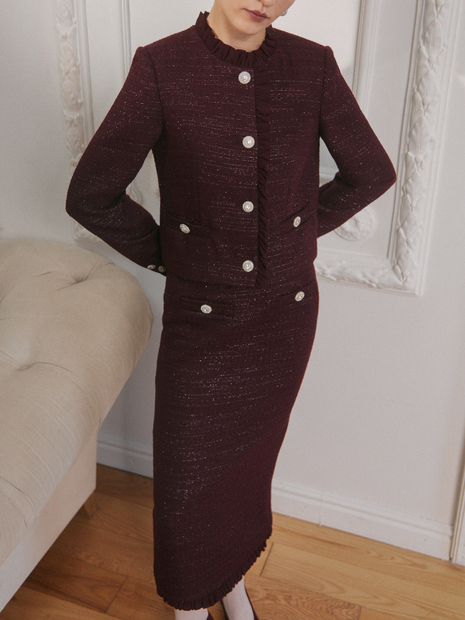 Straight-cut tweed midi skirt with ruffles