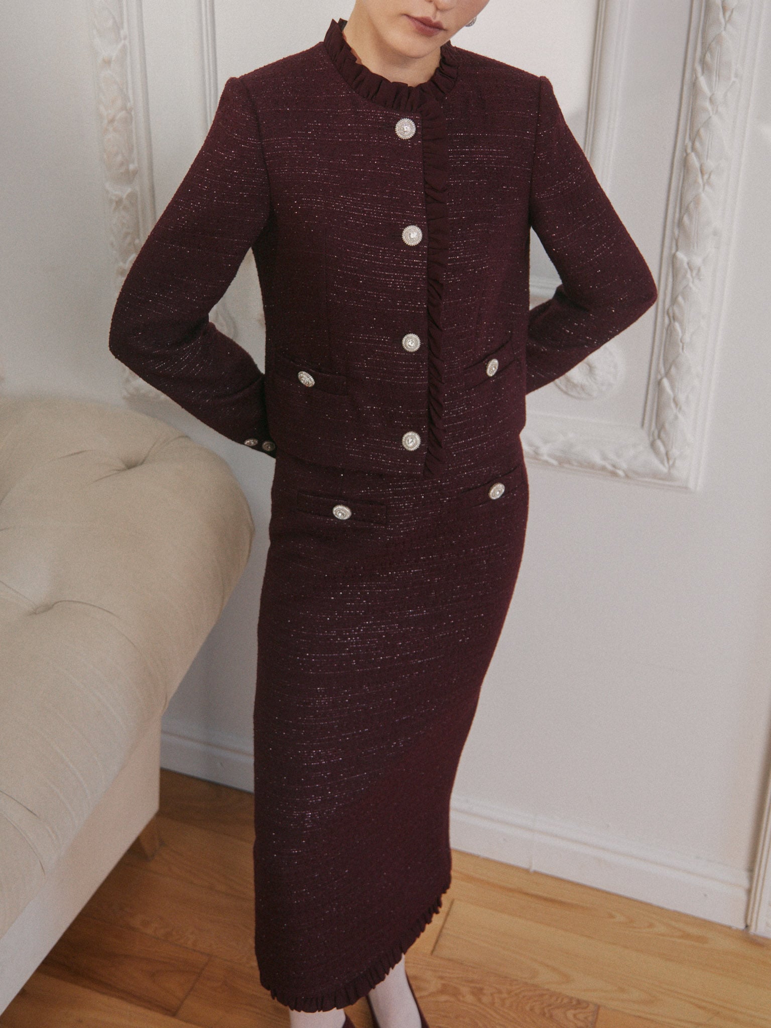 Straight-cut tweed midi skirt with ruffles