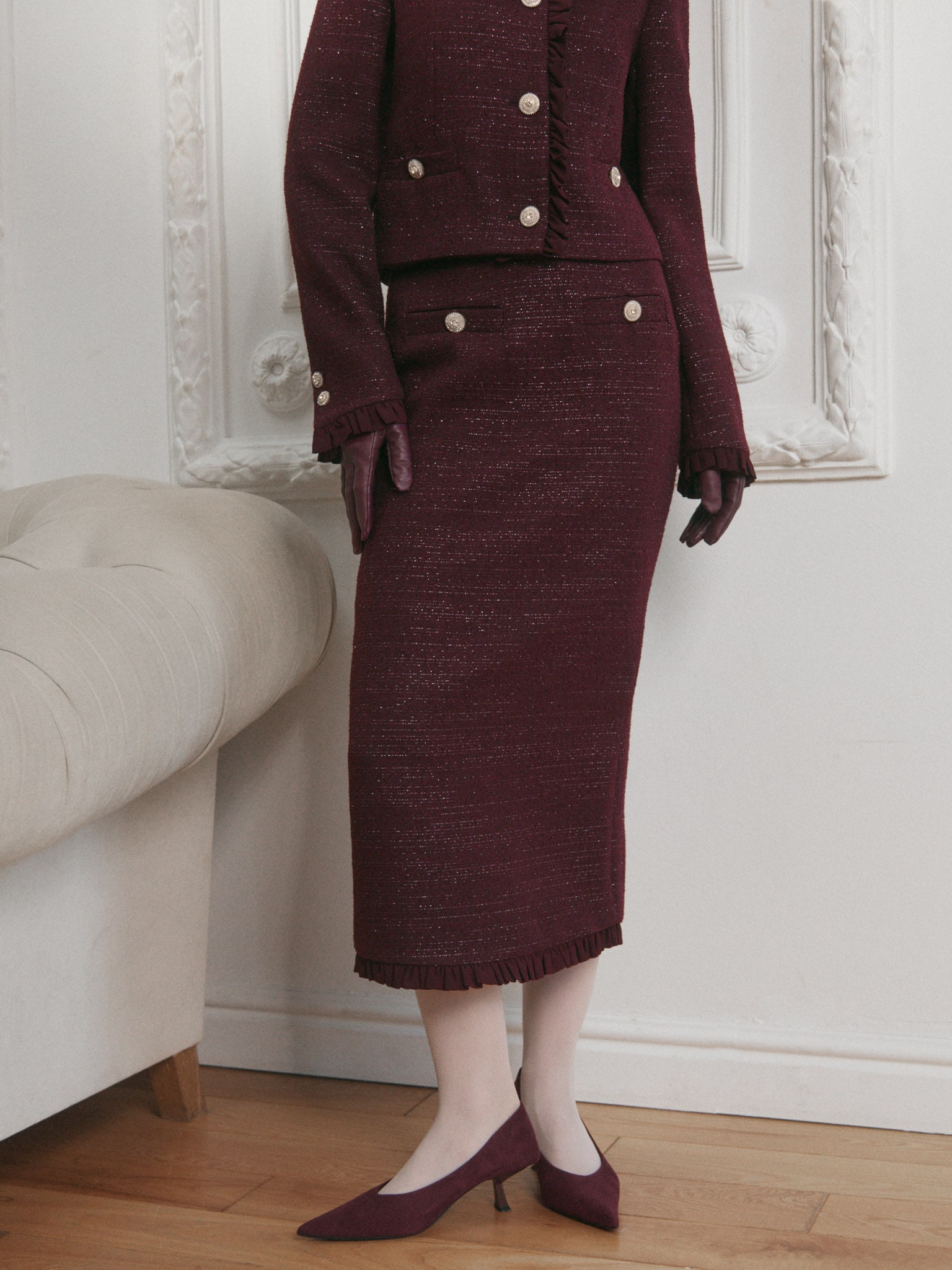 Straight-cut tweed midi skirt with ruffles